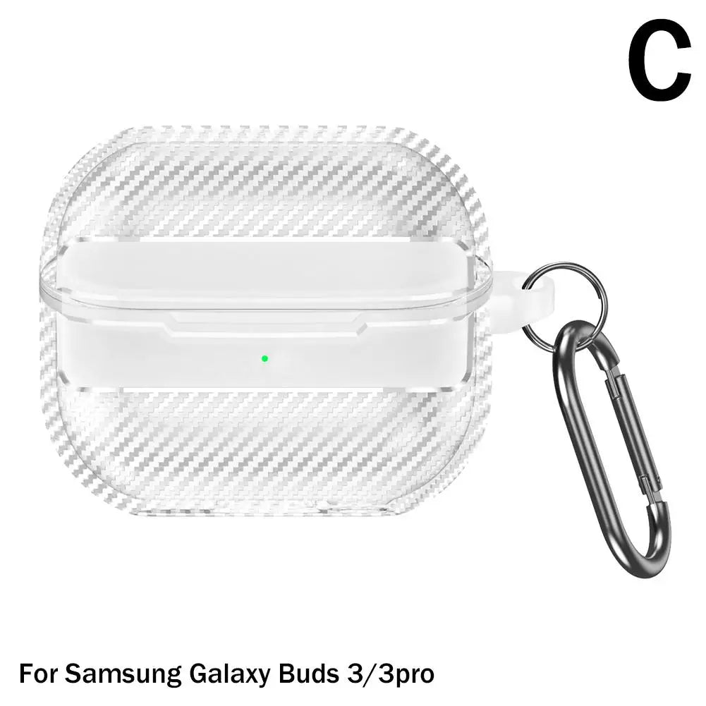 For Samsung Galaxy Buds 3 Pro Earphone Case with Climbing Buckle Cover Shockproof Dustproof TPU Carbon Fiber Texture Shell 