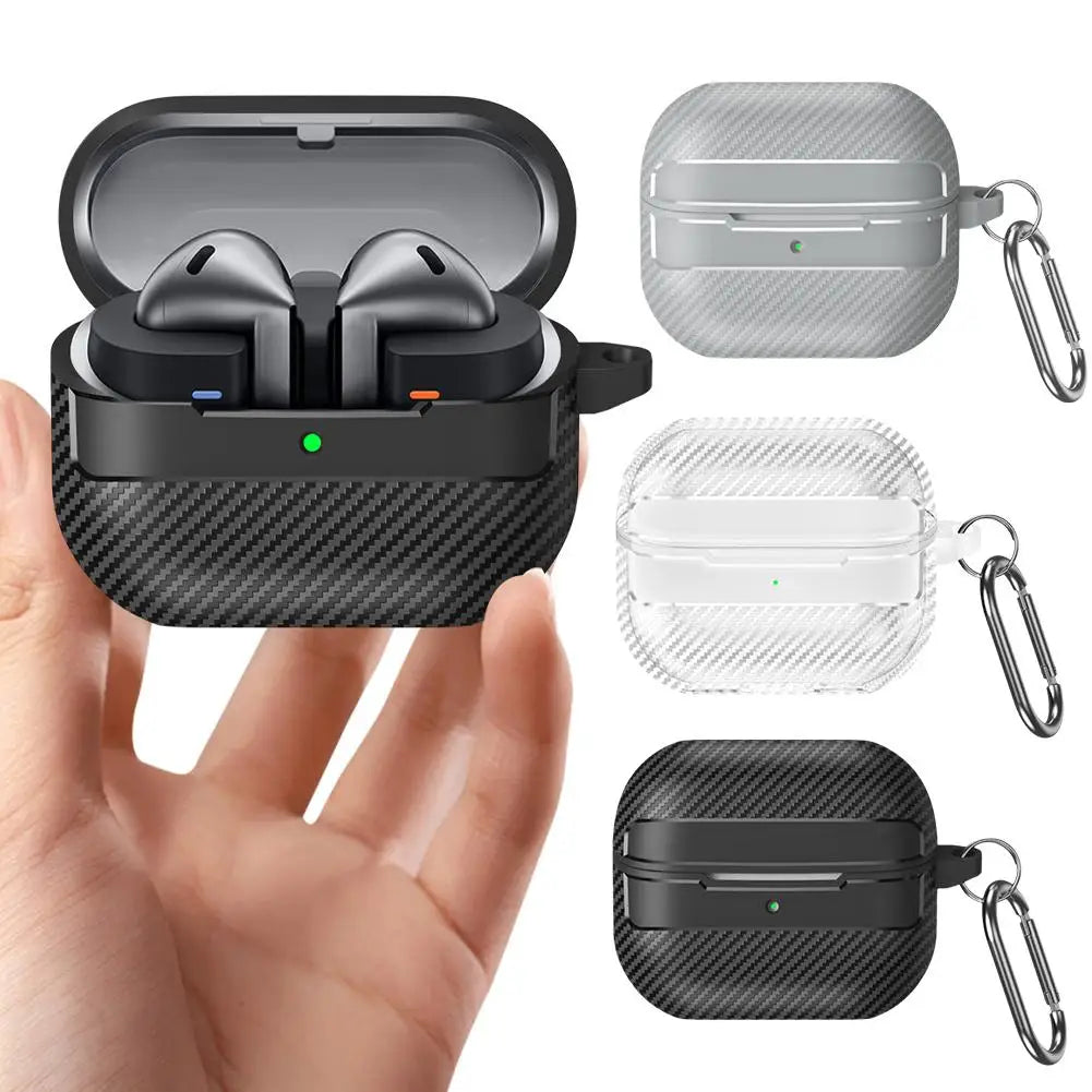 For Samsung Galaxy Buds 3 Pro Earphone Case with Climbing Buckle Cover Shockproof Dustproof TPU Carbon Fiber Texture Shell ﻿