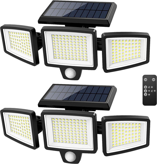 Solar Outdoor Security Lights 2500LM – 210 LED Motion Sensor Floodlights with Remote, 3 Adjustable Heads, IP65 Waterproof, 270° Wide Angle, 3 Modes (2-Pack)
