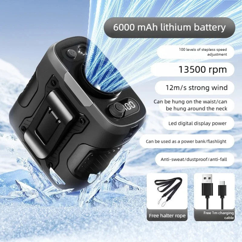 2025 High-Speed Waist Fan with 13,500RPM Motor – Portable 6,000mAh Power Bank Clip Fan for Outdoor, Construction, and Worksite Use
