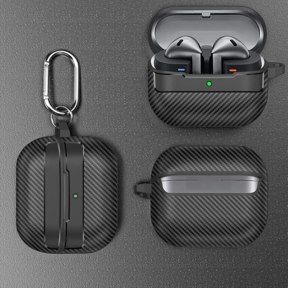 For Samsung Galaxy Buds 3 Pro Earphone Case with Climbing Buckle Cover Shockproof Dustproof TPU Carbon Fiber Texture Shell ﻿