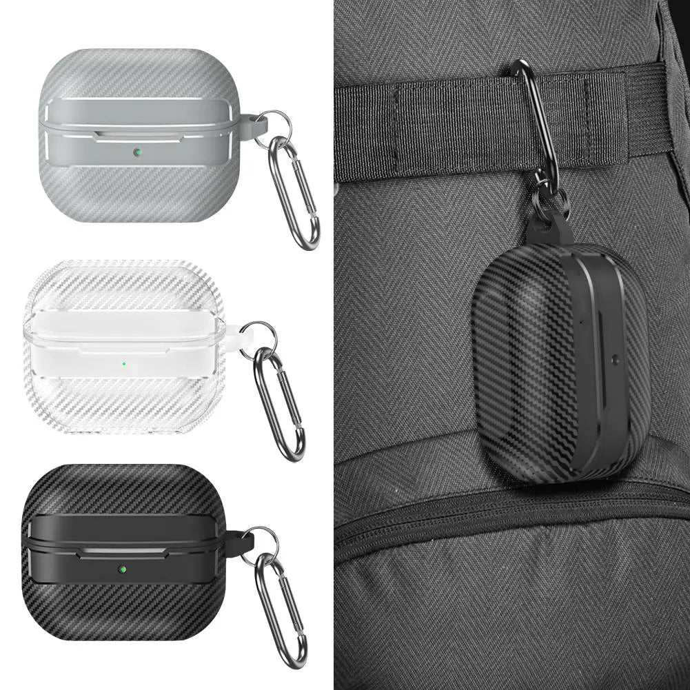 For Samsung Galaxy Buds 3 Pro Earphone Case with Climbing Buckle Cover Shockproof Dustproof TPU Carbon Fiber Texture Shell ﻿