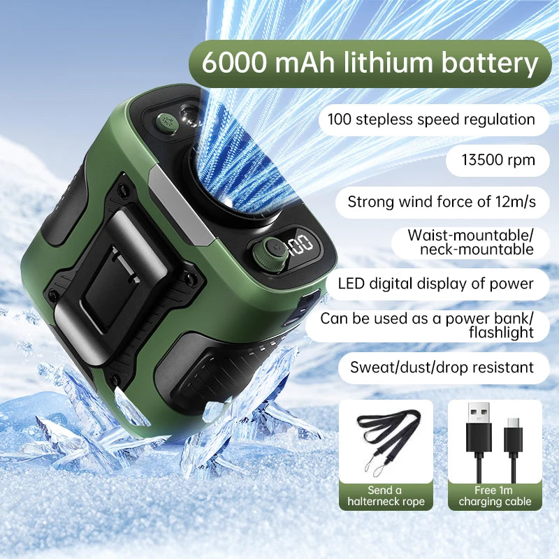 2025 High-Speed Waist Fan with 13,500RPM Motor – Portable 6,000mAh Power Bank Clip Fan for Outdoor, Construction, and Worksite Use