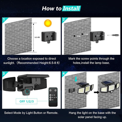 Solar Outdoor Security Lights 2500LM – 210 LED Motion Sensor Floodlights with Remote, 3 Adjustable Heads, IP65 Waterproof, 270° Wide Angle, 3 Modes (2-Pack)