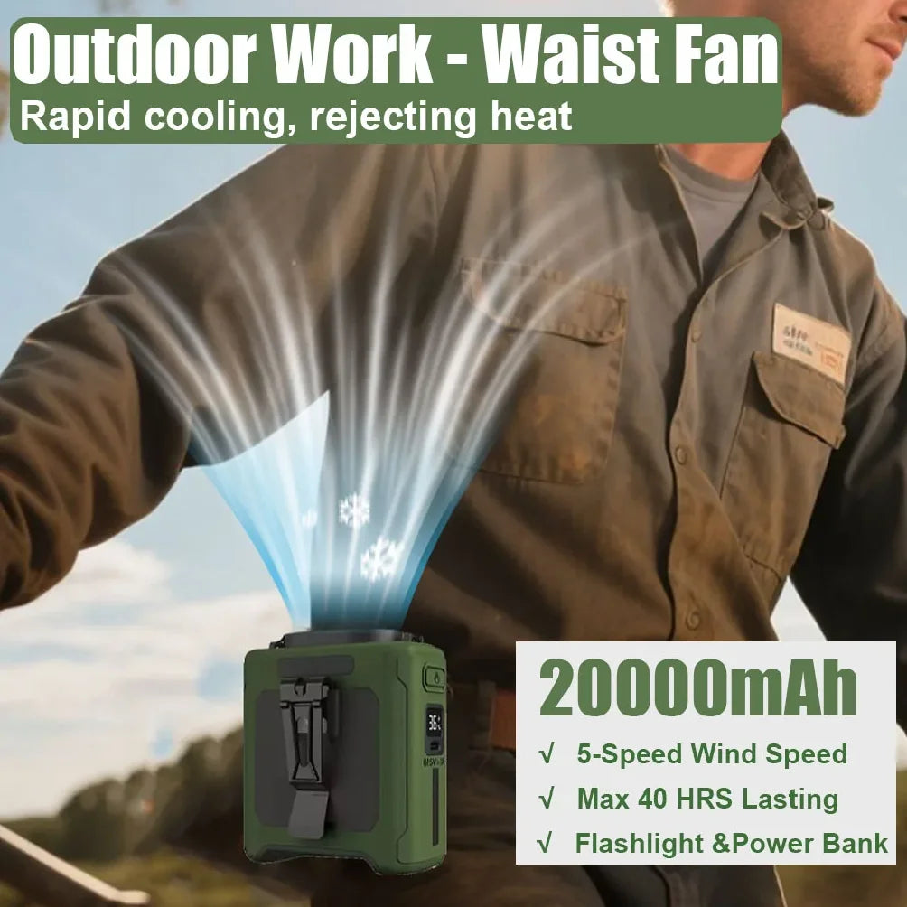 20,000mAh Portable Waist Fan with LED Light – USB Rechargeable Strong Wind Cooling Fan for Summer, Outdoor & Multifunctional Use