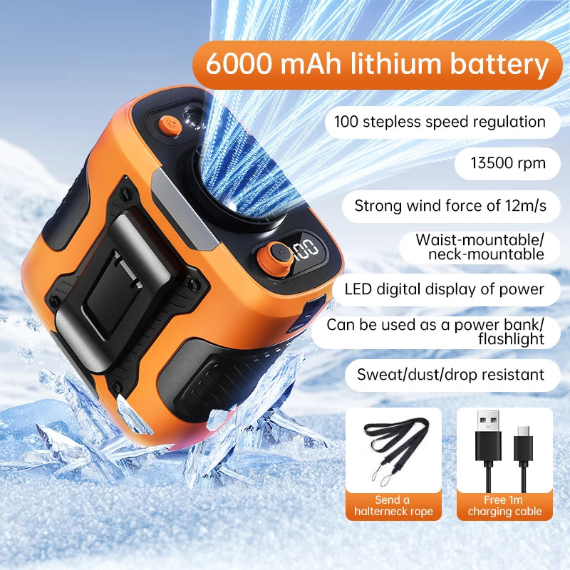 2025 High-Speed Waist Fan with 13,500RPM Motor – Portable 6,000mAh Power Bank Clip Fan for Outdoor, Construction, and Worksite Use