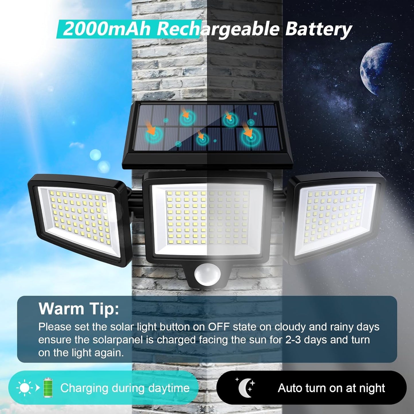 Solar Outdoor Security Lights 2500LM – 210 LED Motion Sensor Floodlights with Remote, 3 Adjustable Heads, IP65 Waterproof, 270° Wide Angle, 3 Modes (2-Pack)