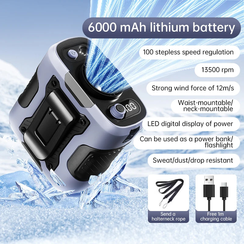 2025 High-Speed Waist Fan with 13,500RPM Motor – Portable 6,000mAh Power Bank Clip Fan for Outdoor, Construction, and Worksite Use