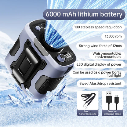 2025 High-Speed Waist Fan with 13,500RPM Motor – Portable 6,000mAh Power Bank Clip Fan for Outdoor, Construction, and Worksite Use