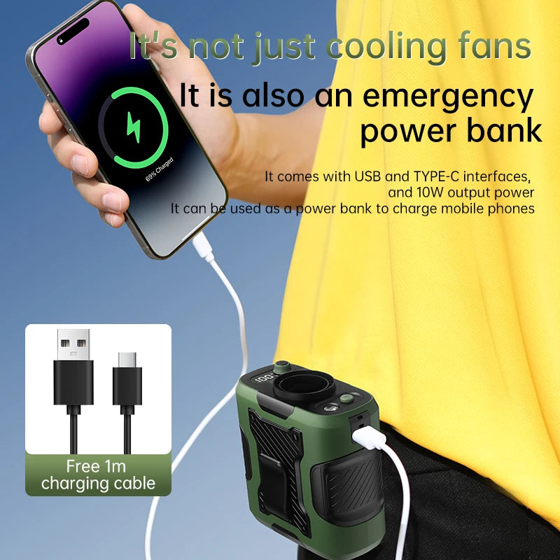 2025 High-Speed Waist Fan with 13,500RPM Motor – Portable 6,000mAh Power Bank Clip Fan for Outdoor, Construction, and Worksite Use