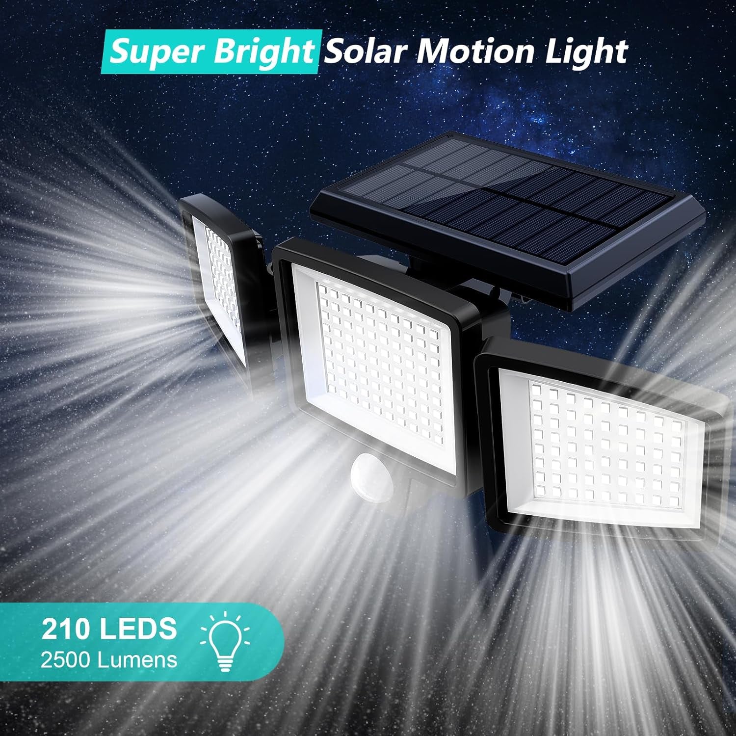 Solar Outdoor Security Lights 2500LM – 210 LED Motion Sensor Floodlights with Remote, 3 Adjustable Heads, IP65 Waterproof, 270° Wide Angle, 3 Modes (2-Pack)