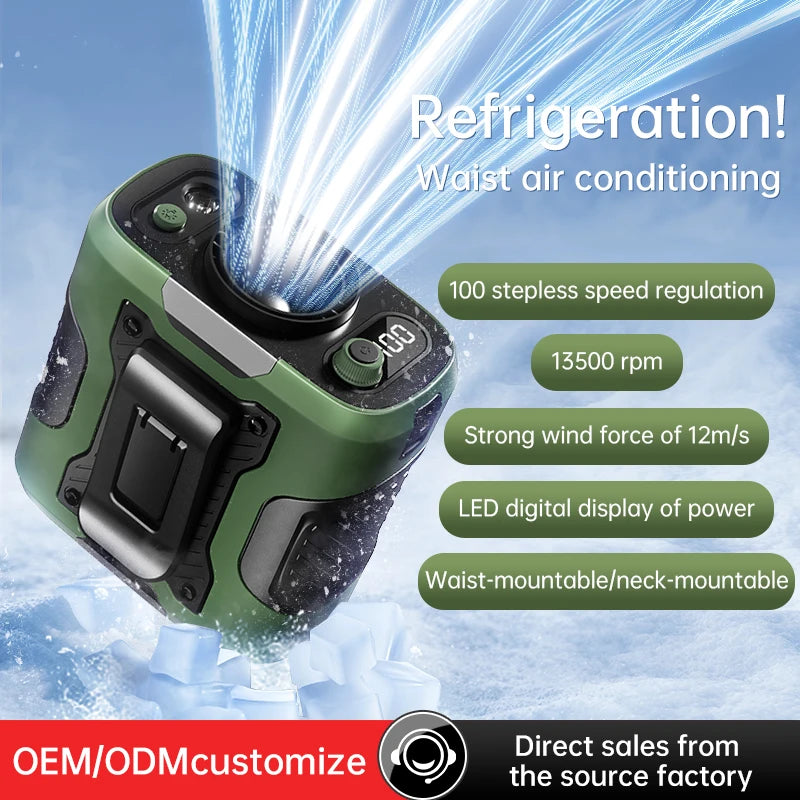 2025 High-Speed Waist Fan with 13,500RPM Motor – Portable 6,000mAh Power Bank Clip Fan for Outdoor, Construction, and Worksite Use